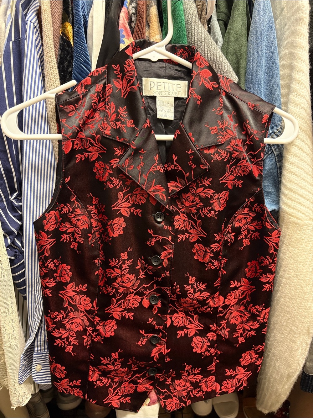 Petite Sophisticate Black Satin Vest with Red Floral Jacquard